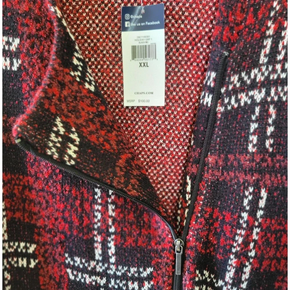 Chaps Womens Sweater Jacket XXL Red‎ Black White Plaid Knit Zip-Up Long Sleeve